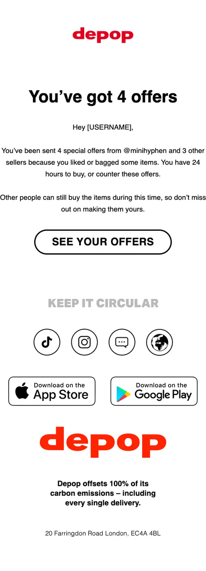 Depop discount offer email, full length