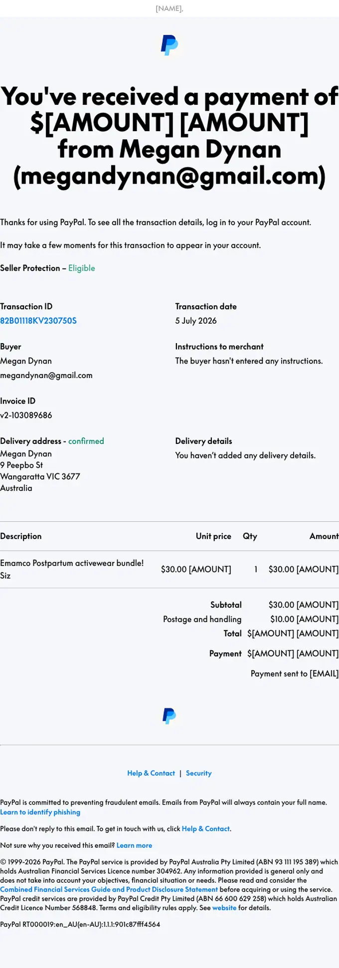 PayPal payment confirmation email, full length