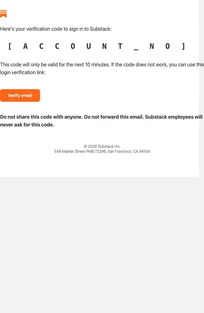 Substack otp email, full length