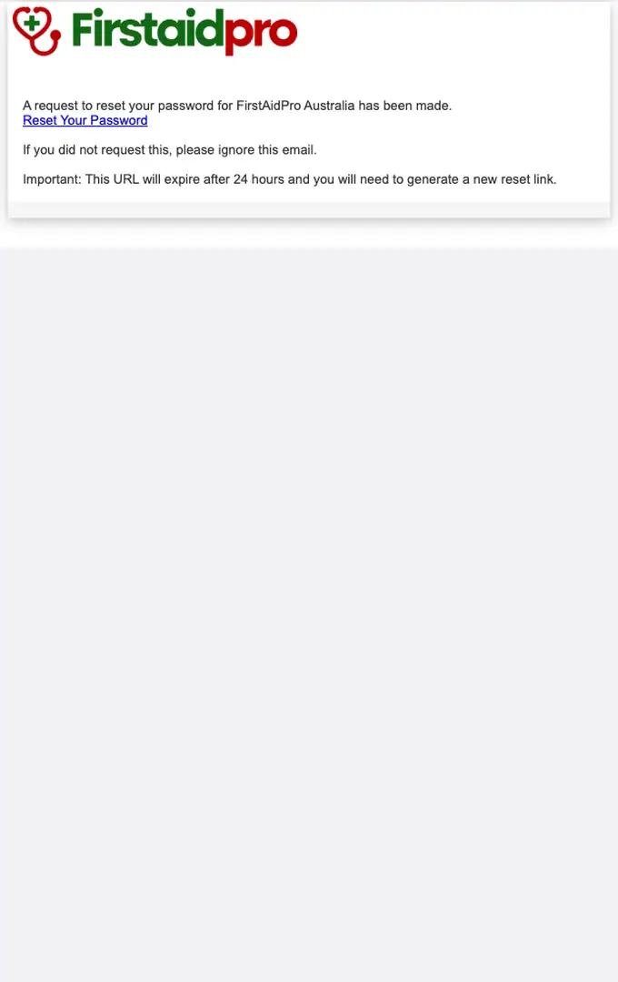 FirstAidPro Australia password reset email, full length