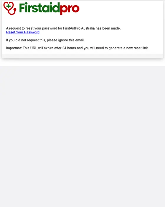 FirstAidPro Australia password reset email