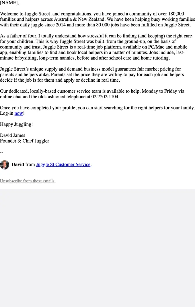 Juggle Street welcome email, full length