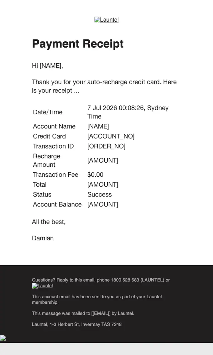 Launtel receipt email, full length