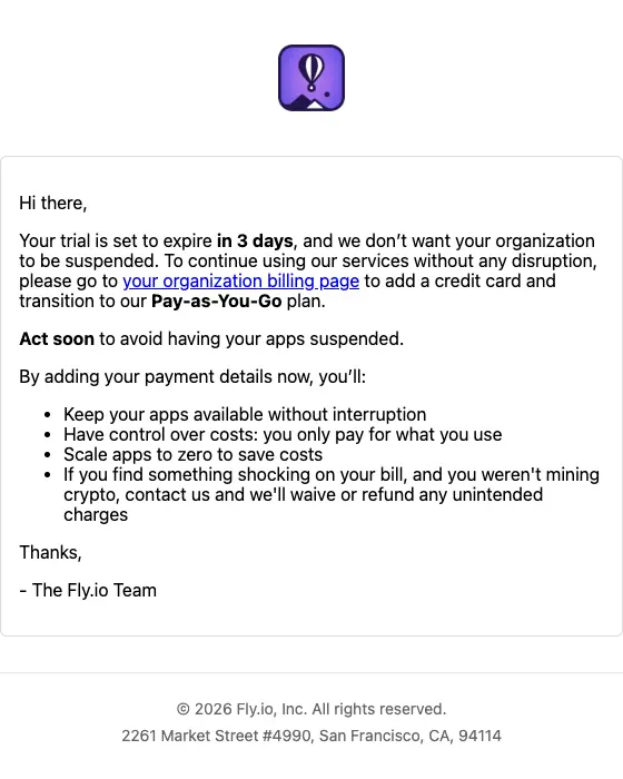 Fly.io expiration notice email