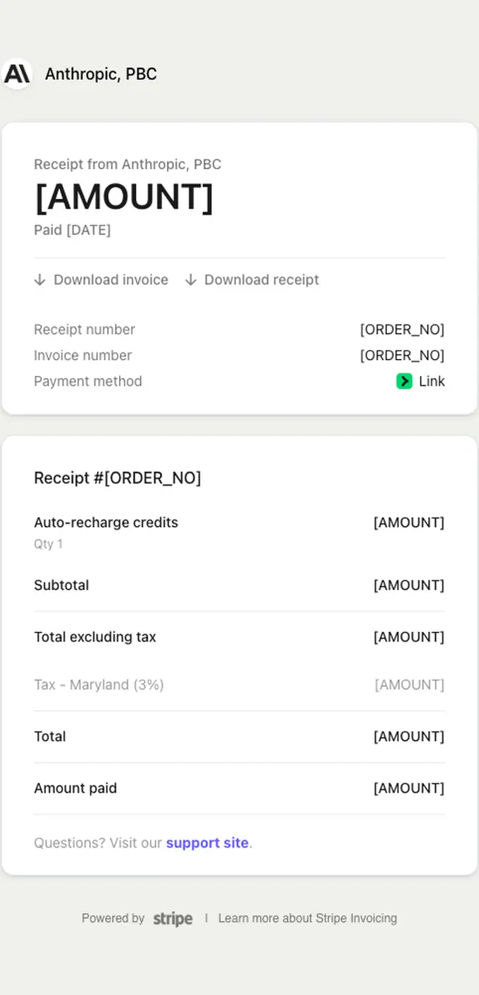 Anthropic, PBC receipt email, full length