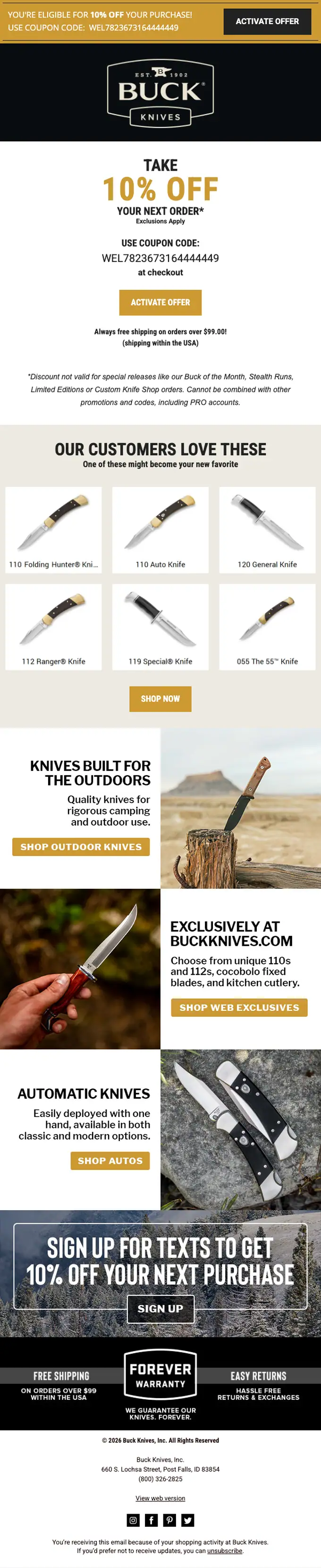 Buck Knives welcome email, full length