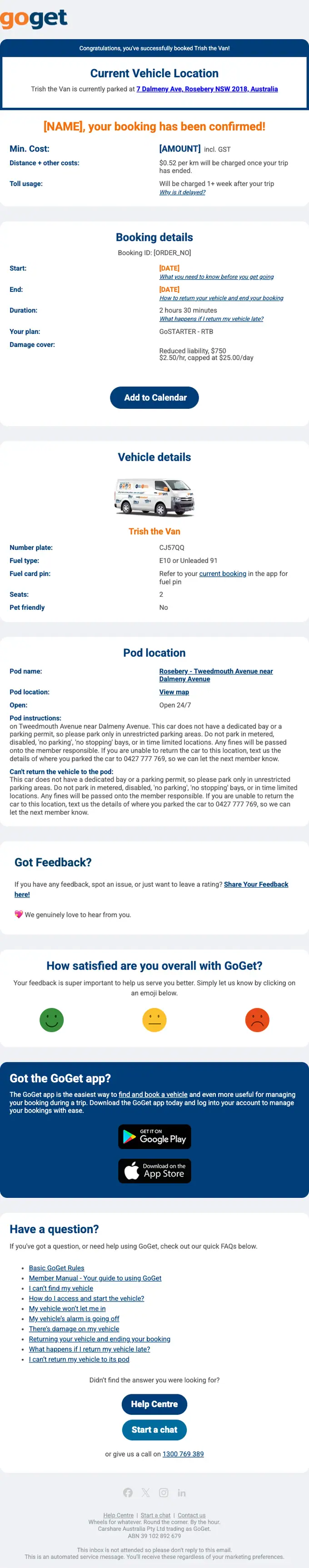 GoGet booking confirmation email, full length