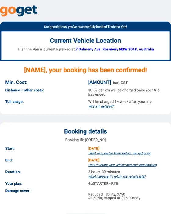 GoGet booking confirmation email