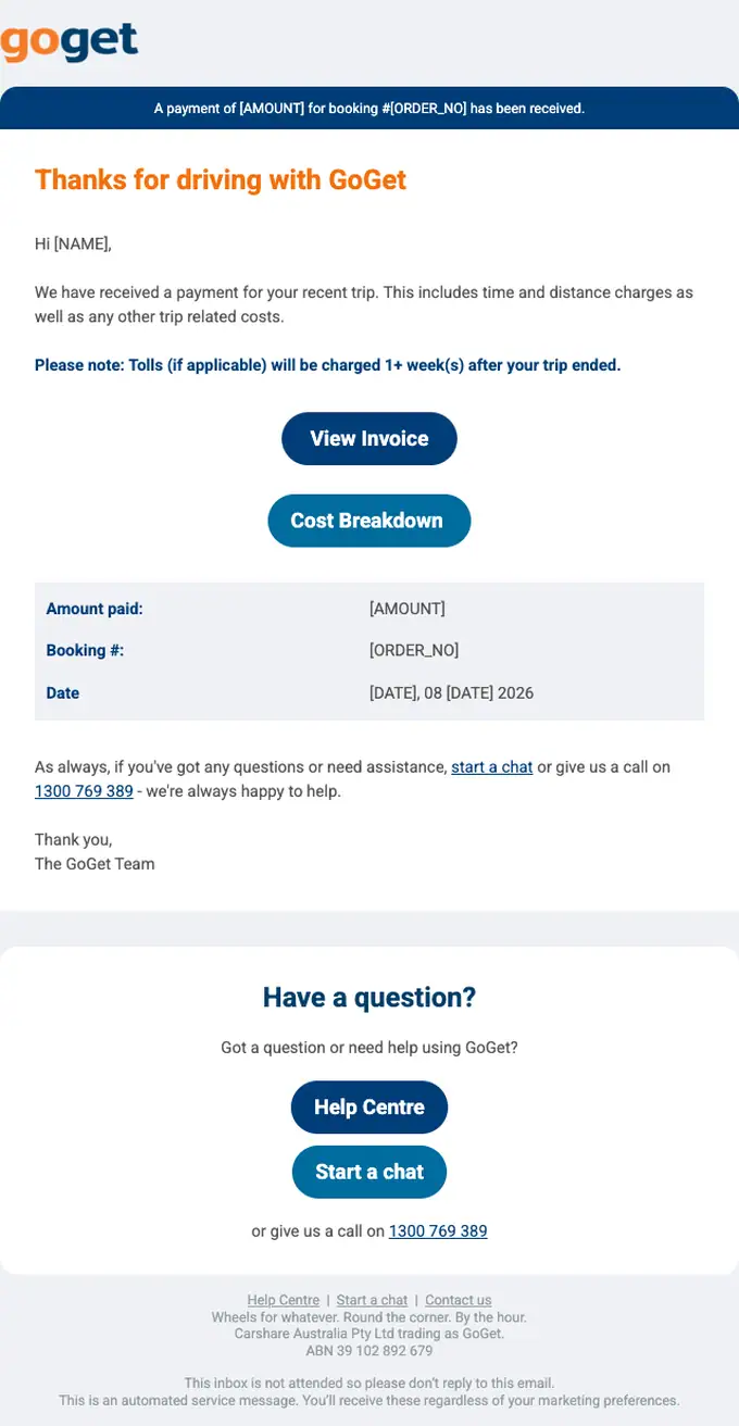 GoGet payment confirmation email, full length