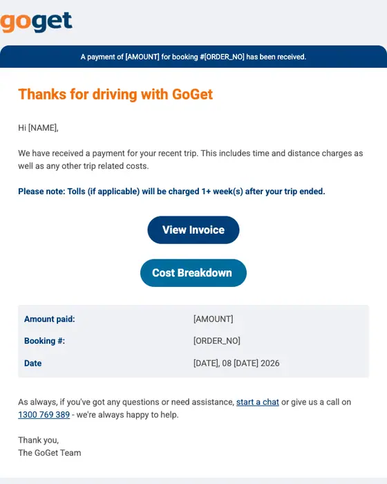 GoGet payment confirmation email