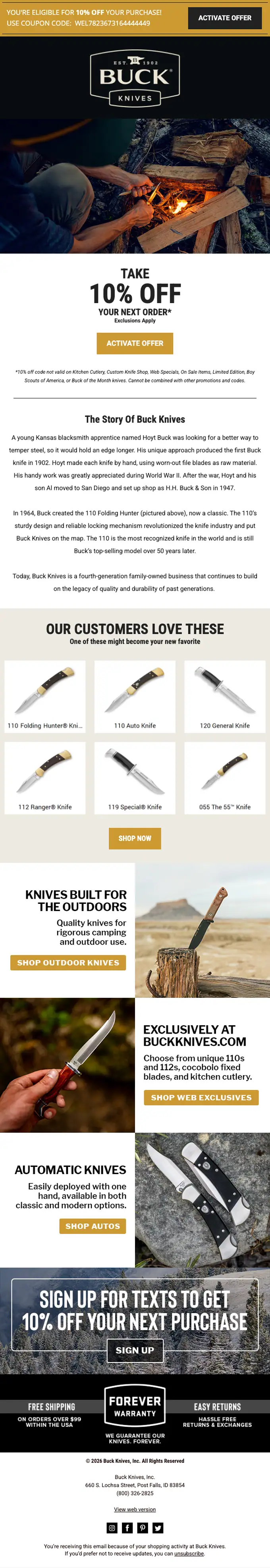 Buck Knives promotional email, full length