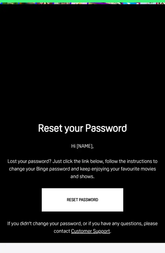 BINGE password reset email, full length