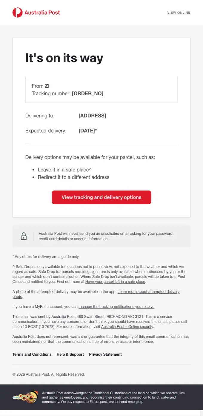 Australia Post tracking email, full length