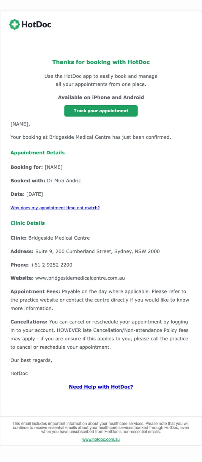 HotDoc appointment email, full length