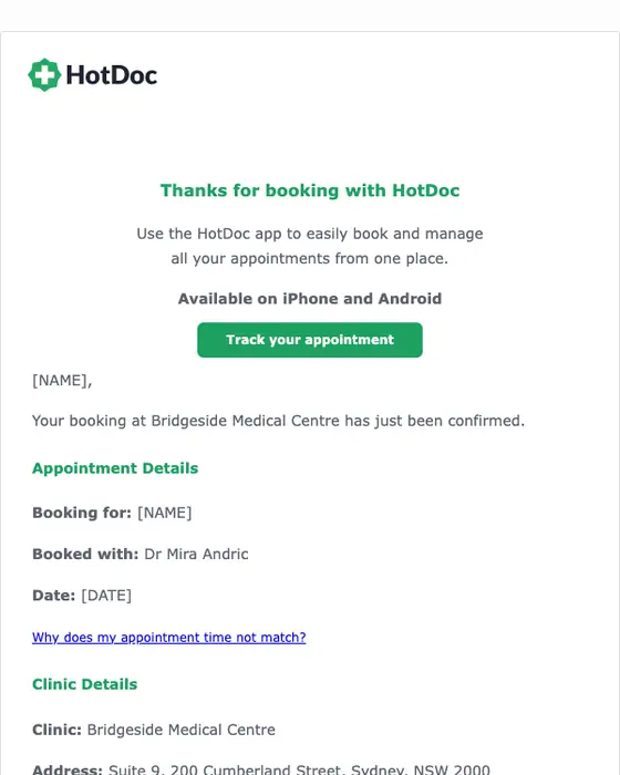 HotDoc appointment email