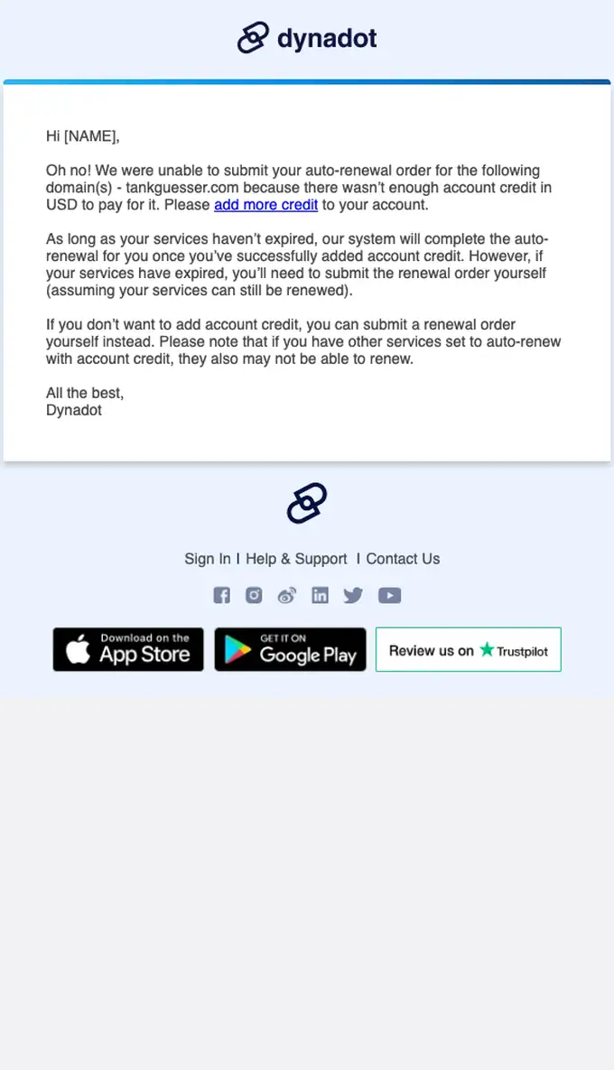 Dynadot account notice email, full length