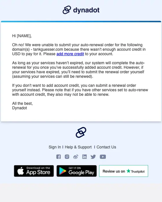 Dynadot account notice email