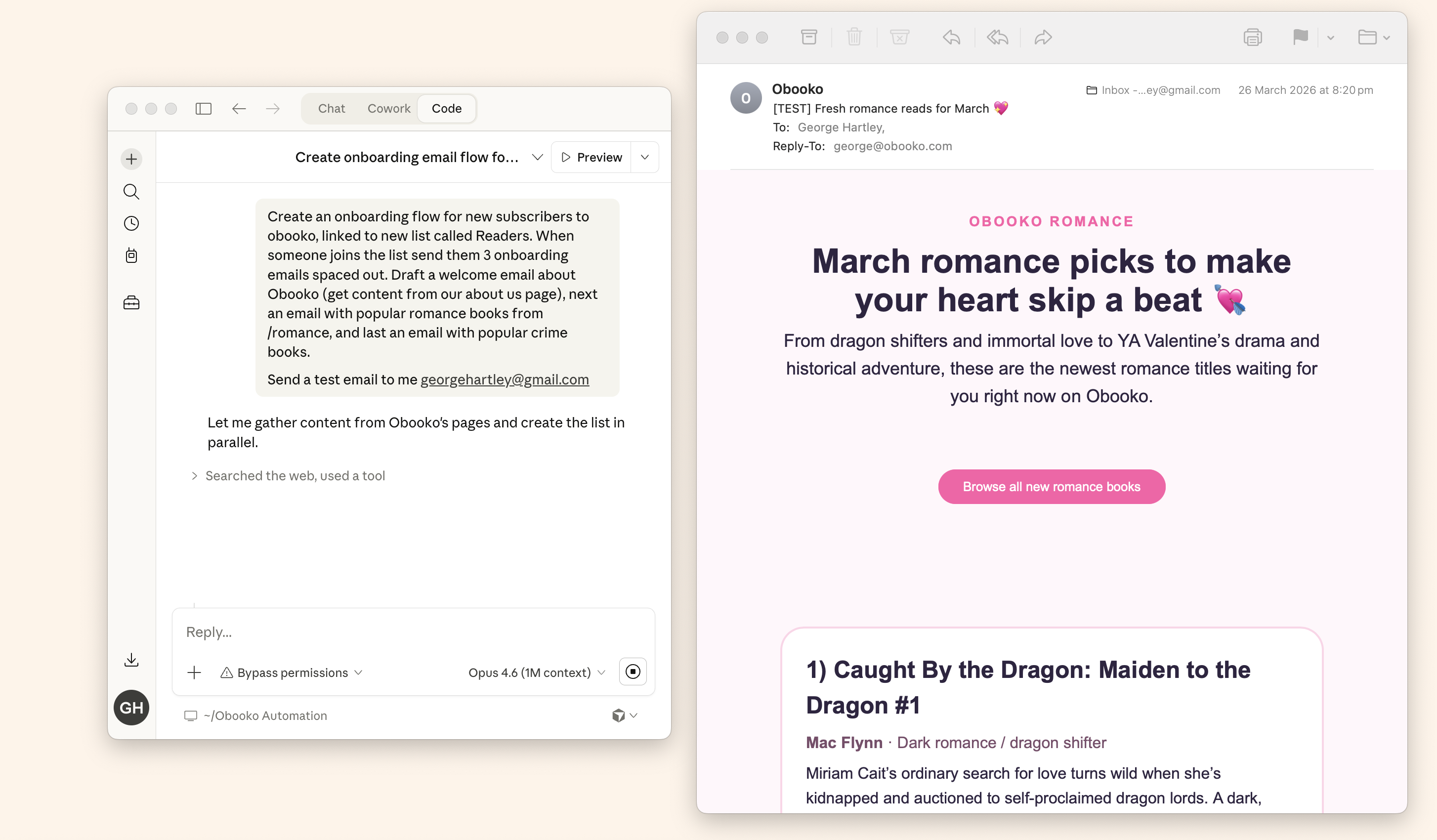 nitrosend connected to Claude Cowork — building an Obooko email campaign