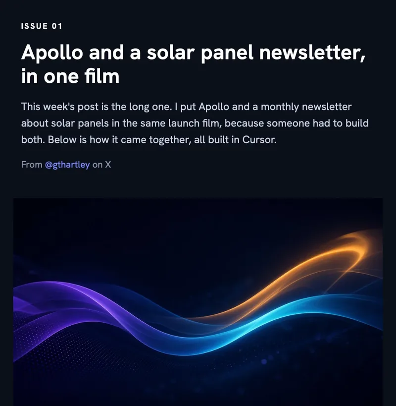Issue 01 of George's newsletter, Apollo and a solar panel newsletter, in one film, drafted by his Grok Bot from his posts on X